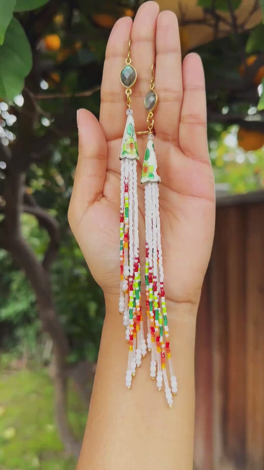 Labradorite spring tassel earrings, gemstone beaded jewelry, hypoallergenic